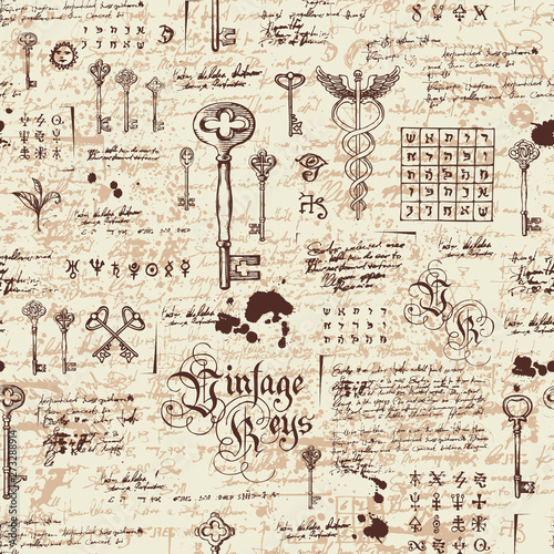 Vector seamless pattern with vintage keys and lettering. Medieval manuscript with sketches, blots and spots in retro style. Hand drawn illustration. Wallpaper, wrapping paper or fabric