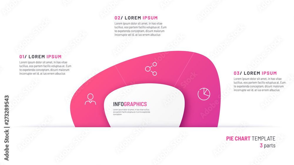 Fototapeta premium Vector pie chart infographic template in the form of abstract shape divided by a three parts