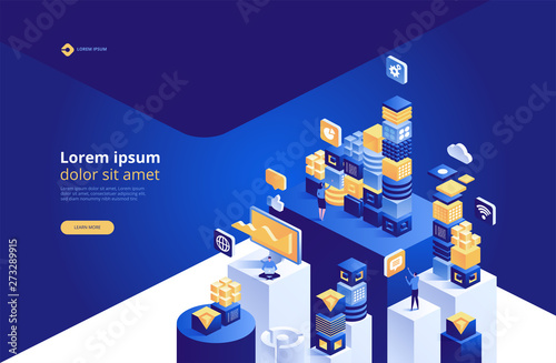 Blockchain concept. Isometric digital blocks or cubes connection with each other