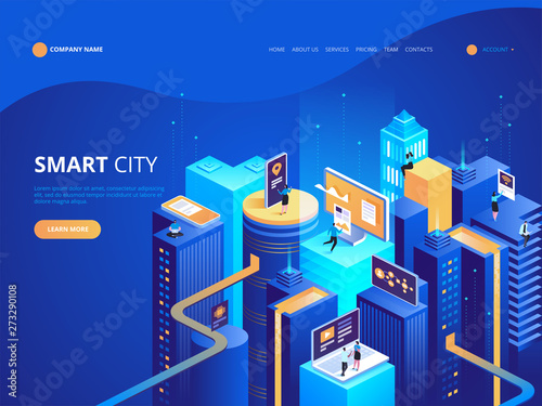 Smart city isometric concept Intelligent buildings