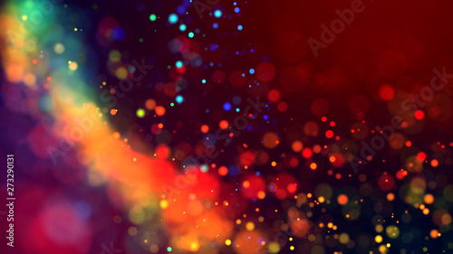 cloud of multicolored particles in the air like sparkles on a dark background with depth of field. beautiful bokeh light effects with colored particles. background for holiday presentations. 10