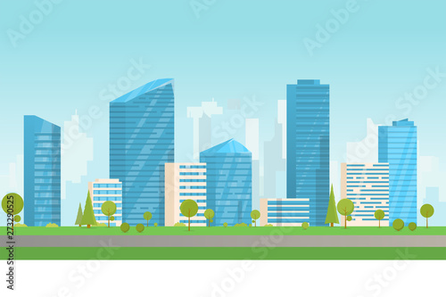 City buildings vector illustration. Small building, big skyscrapers and large city tall skyscrapers on background. Urban street with park and trees near cityscape. Metropolis background.