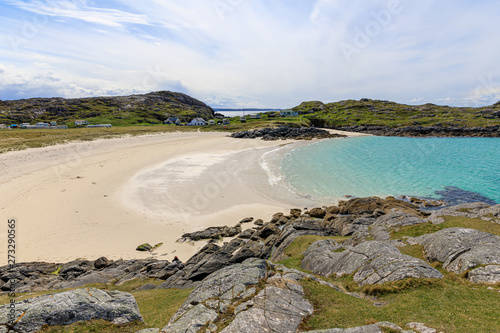 The view across Achmelvich beach from the headland beside the beach, Lochinver, Scotland, UK