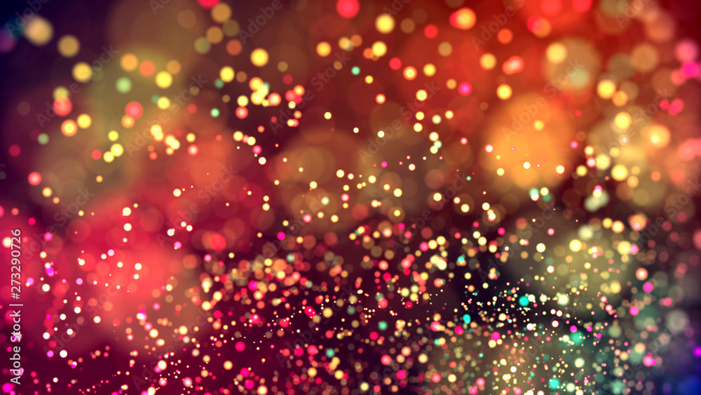 cloud of multicolored particles in the air like sparkles on a dark background with depth of field. beautiful bokeh light effects with colored particles. background for holiday presentations. 95