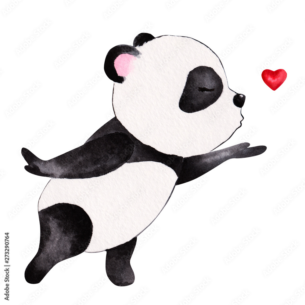 Cute watercolor panda in love sending a kiss. Hand drawn illustration, can  be used for kid's or baby's shirt design, fashion print design. Happy  Valentines greeting card Stock Illustration | Adobe Stock