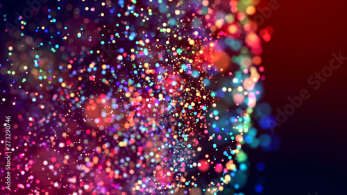 cloud of multicolored particles in the air like sparkles on a dark background with depth of field. beautiful bokeh light effects with colored particles. background for holiday presentations. 101