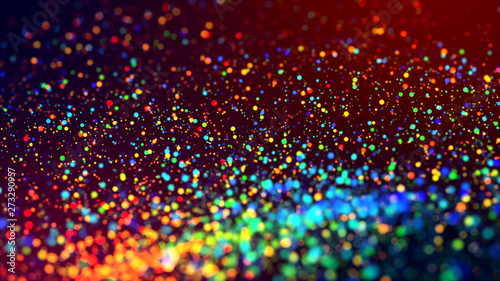 cloud of multicolored particles in the air like sparkles on a dark background with depth of field. beautiful bokeh light effects with colored particles. background for holiday presentations. 124