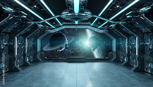 Fototapeta Naklejka Na Ścianę i Meble -  Dark blue spaceship futuristic interior with window view on space and planets 3d rendering