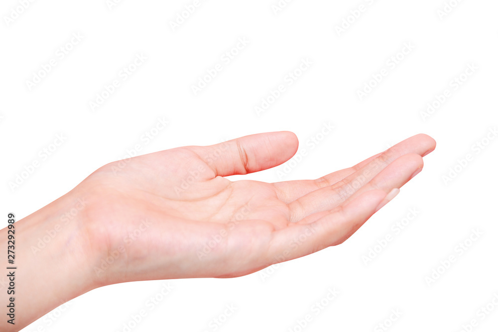 Blank open asian woman palm hand isolated on white background with clipping path Blank open asian woman palm hand isolated on white background with clipping path