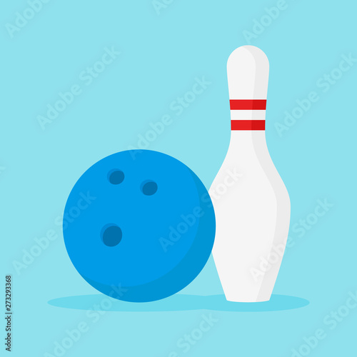 Bowling ball and pin isolated on blue background. Flat style vector illustration.