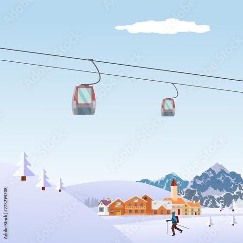 Winter snowy landscape Flat Style Beautiful Landscape Illustration, with Little Town 