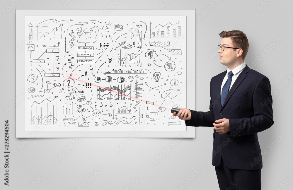 Professor with laser pointer teaching business theories Professor with laser pointer teaching business theories