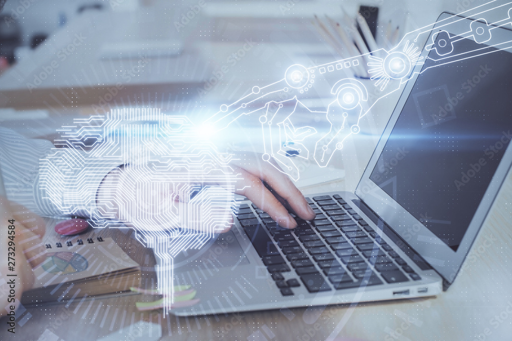 Man typing on keyboard background with brain hologram. Concept of big Data. Double exposure. Man typing on keyboard background with brain hologram. Concept of big Data. Double exposure.