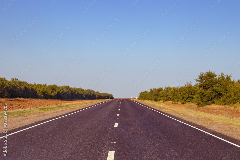 straight roadbed with markings and trees on the side of the road straight roadbed with markings and trees on the side of the road