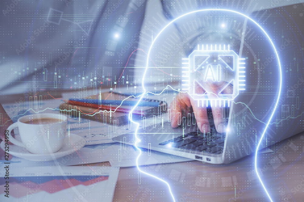 Businessman with computer background with brain theme hologram. Concept of brainstorm. Multi exposure. Businessman with computer background with brain theme hologram. Concept of brainstorm. Multi exposure.