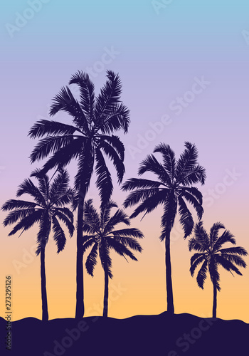 Palm trees on an orange blue sunset, vector art illustration.