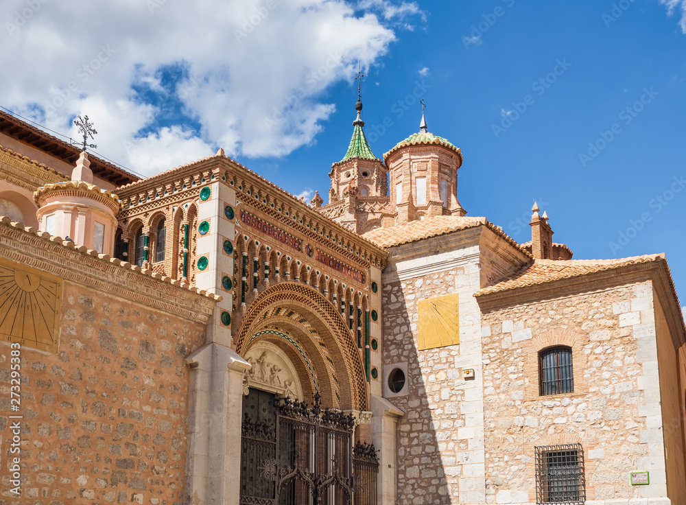 Part d the facade of the cathedral of Teruel, in mudejar style, Aragon, Spain