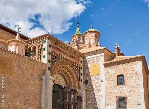 Part d the facade of the cathedral of Teruel, in mudejar style, Aragon, Spain