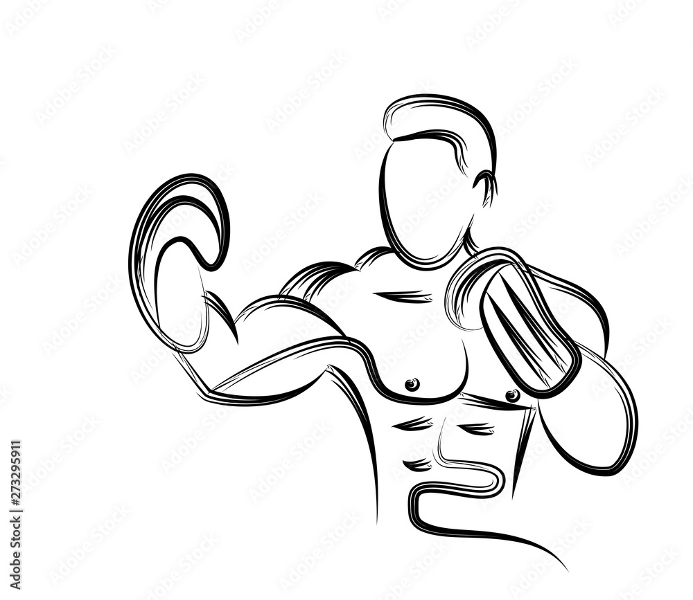 Boxer fighter line drawing over line art vector illustration. Stock