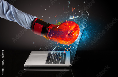 Firing hand hitting strongly laptop screen glass  © ra2 studio