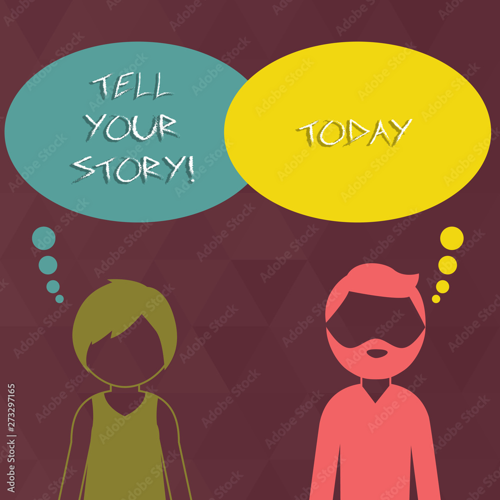 Writing note showing Tell Your Story. Business photo showcasing Share your experience motivate world Bearded Man and Woman with the Blank Colorful Thought Bubble. Writing note showing Tell Your Story. Business photo showcasing Share your experience motivate world Bearded Man and Woman with the Blank Colorful Thought Bubble.