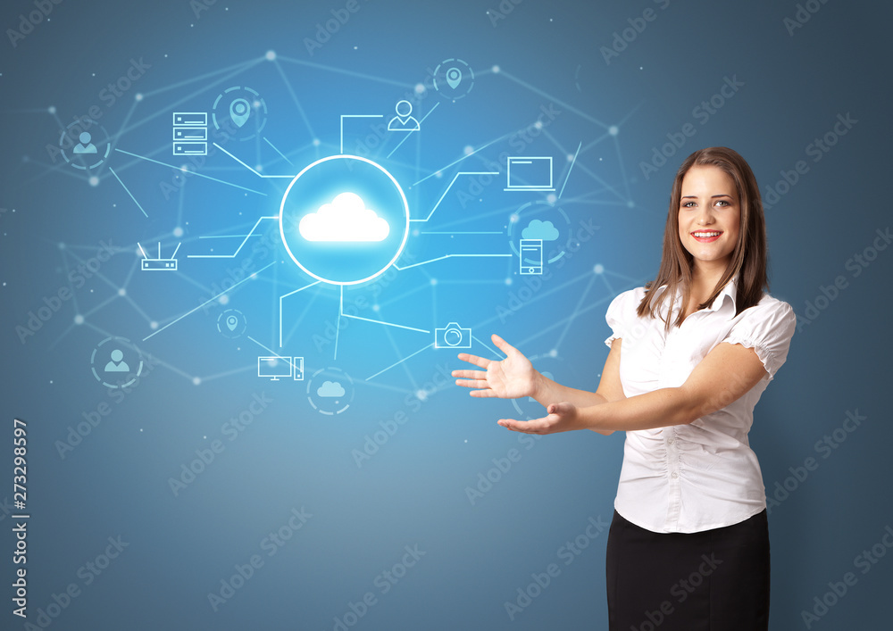 Young smiling person presenting office cloud technology concept
Young smiling person presenting office cloud technology concept