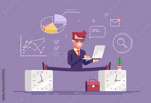 Flexible work time schedule concept. Part time work. Handsome businessman between 2 watches. Modern business character. Flat vector illustration.