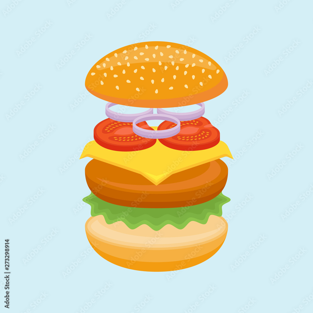 Hamburger ingredients isolated on blue background. Bun, beef, cheese, lettuce, tomato and onion. Vector illustration. Hamburger ingredients isolated on blue background. Bun, beef, cheese, lettuce, tomato and onion. Vector illustration.