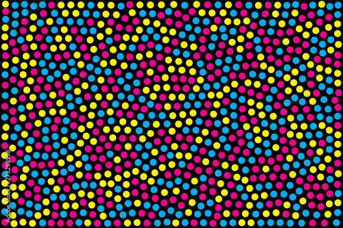 yellow, magenta and cyan circles on black background