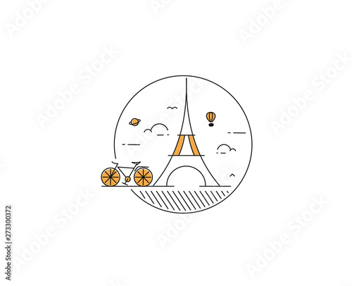 Paris, Eiffel tower, Paris cartoon art, postcard, Line art vector illustration