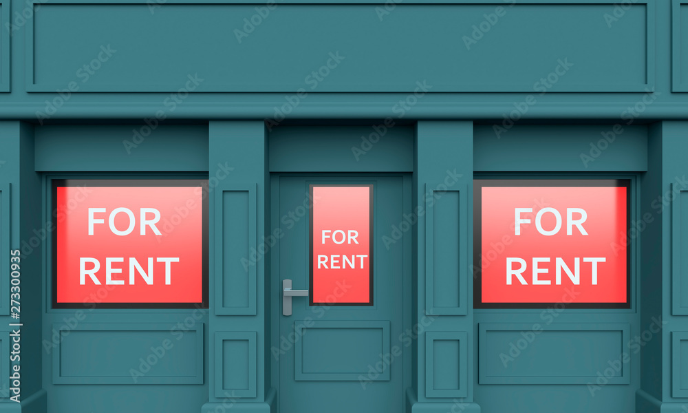 Store with red poster For Rent. 3d rendering