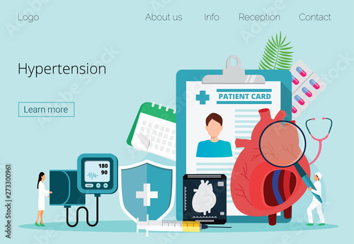 Health concept of hypotension and hypertension disease with tiny doctors. Symptoms and prevention blood pressure health vector, it is landing page, website, app, banner, flyer. photo