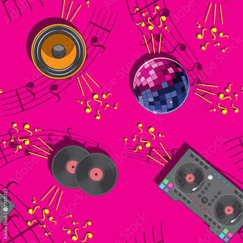 Dj musical seamless pattern pink disco ball mixer musical notes speaker vinyl
