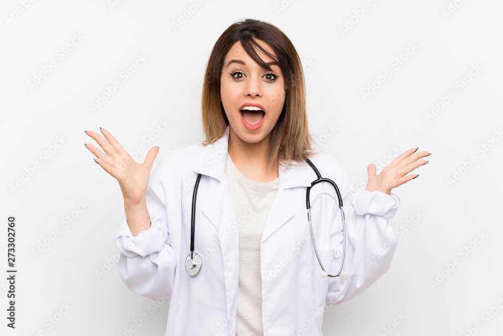 Young doctor woman over isolated background with shocked facial expression Young doctor woman over isolated background with shocked facial expression
