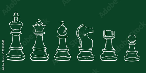 Vector Set of Chalk Sketch Chess Pieces. Full Chess Figures Collection.