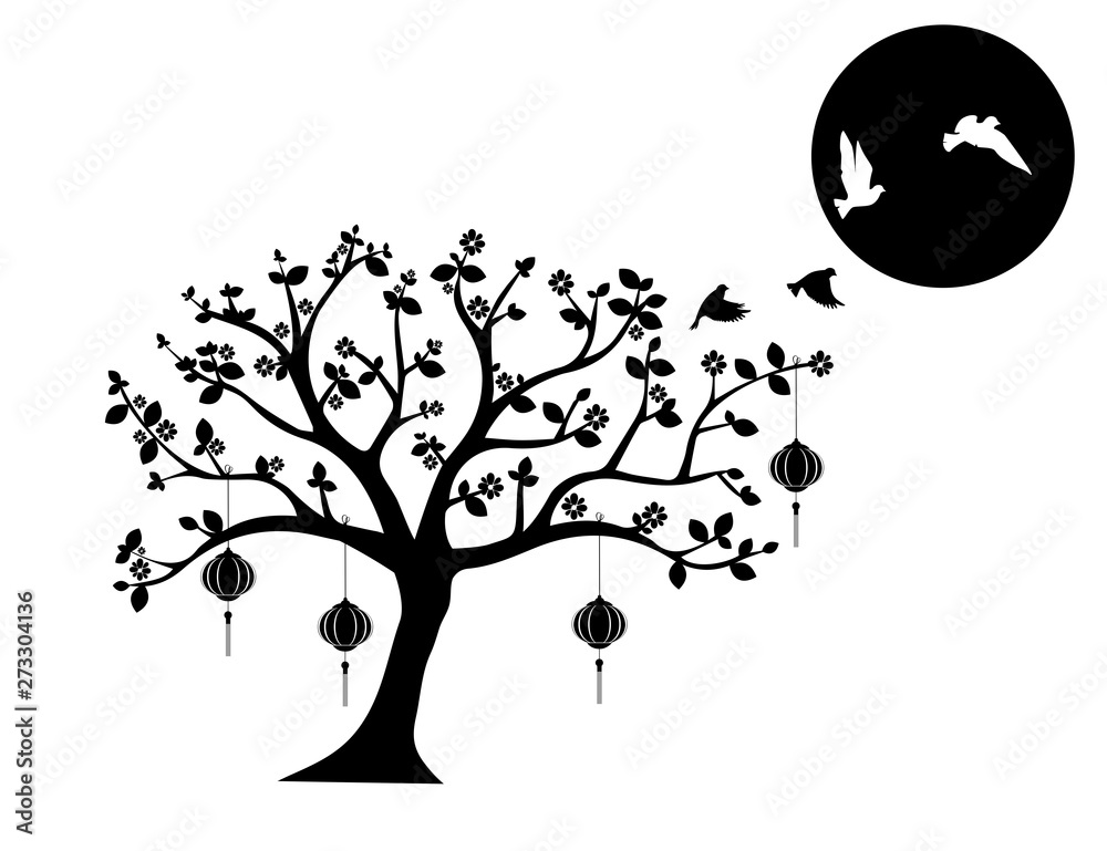 birds flying clipart black and white tree