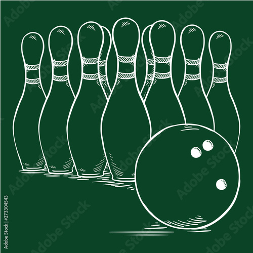 Vector Chalk Sketch Bowling Skittles and Ball