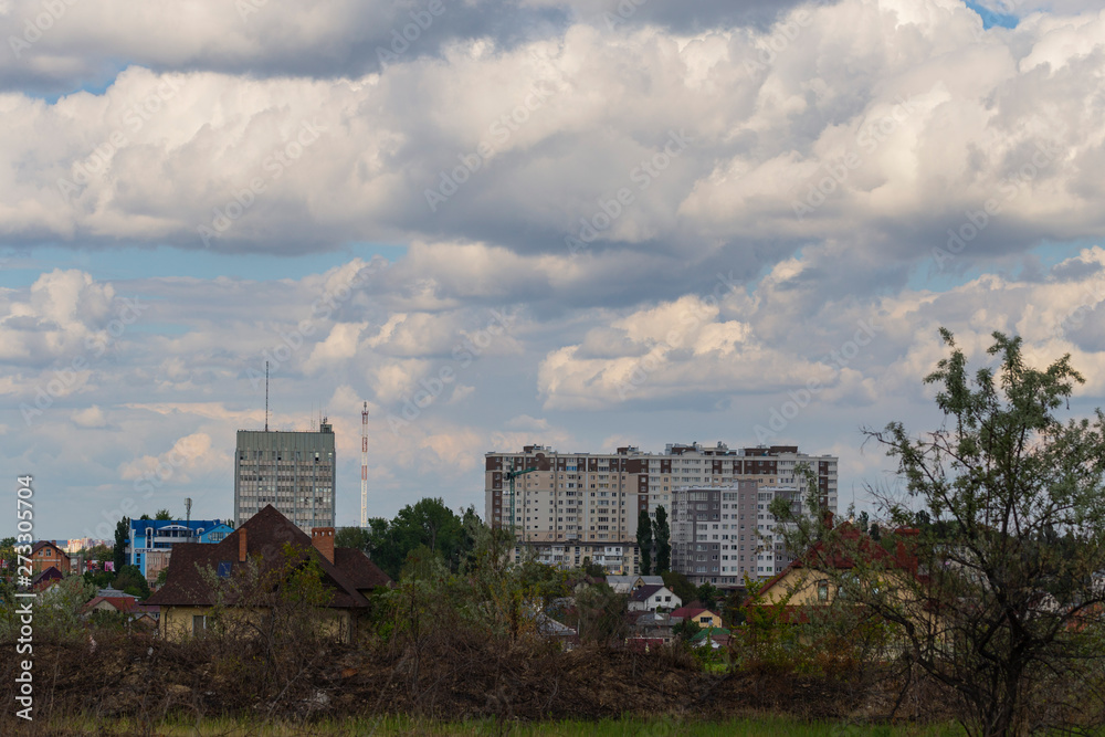 Outskirts of Chisinau. Panorama with the capital of Moldova. Cloudy sky before the rain.