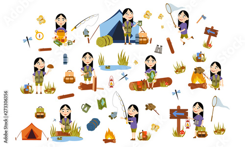 Set girl with long black hair tourist on nature. Camping. Fishing, overnight, picking mushrooms, fun and relaxation. Children's camp. Scouts. Cute Vector Illustration