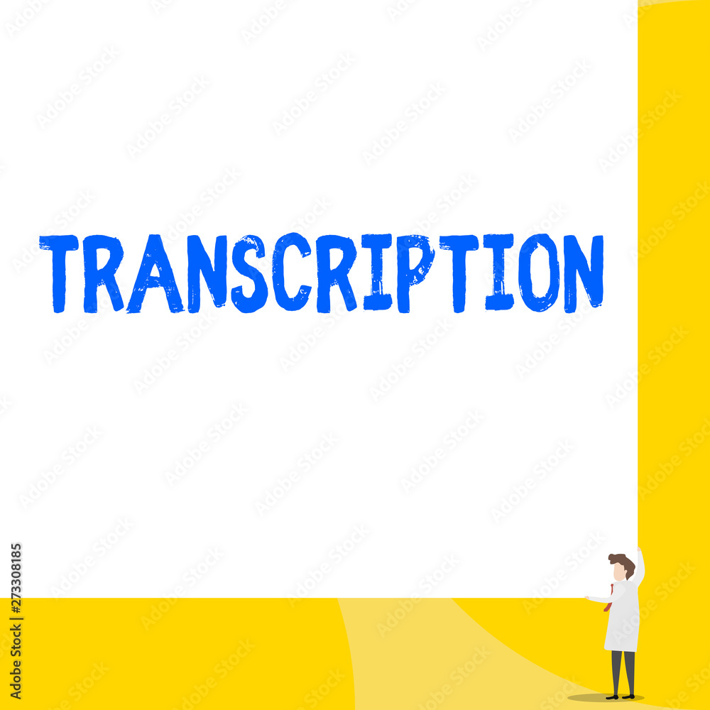 Writing note showing Transcription. Business photo showcasing Written or printed version of something Hard copy of audio Young woman holding two hands right corner big rectangle.