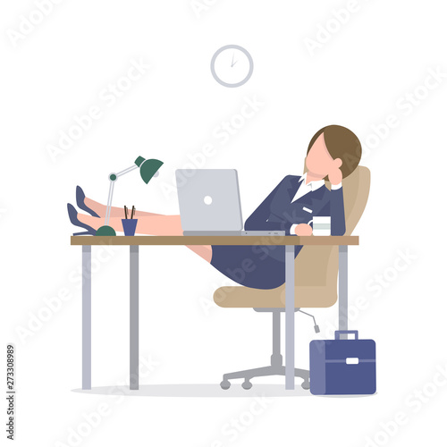 Business woman with laptop at desk legs on the table