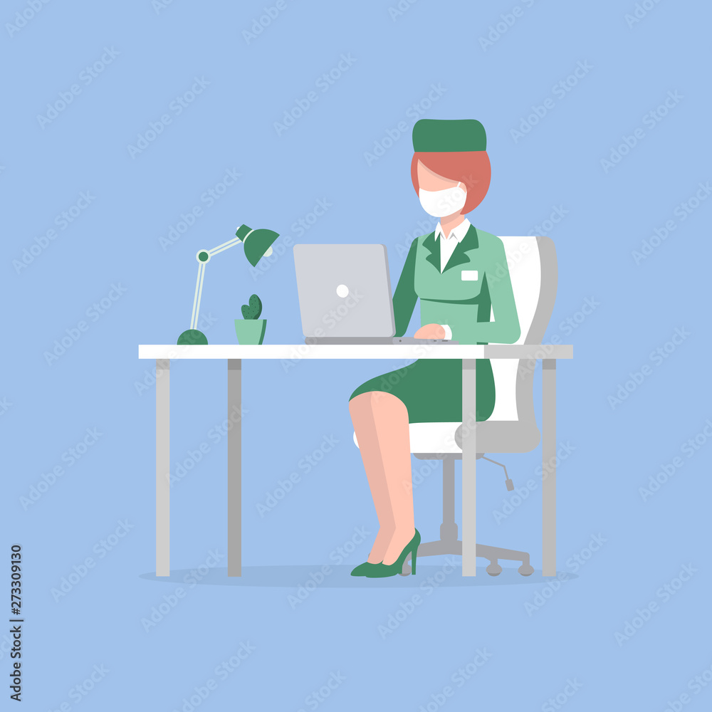Nurse at the table with the laptop waits for patients to receive. Flat vector illustration isoleted on white background.