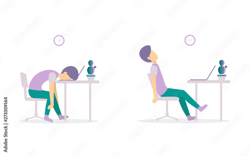 Professional burnout. Young exhausted man sitting at the office. Long working day. Flat vector illustration isoleted on white background.