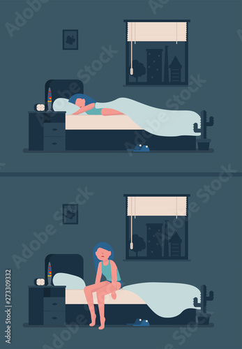 Young girl sleeping in her room in bed at night. Woman wakes up at night because of insomnia. Flat vector illustration.
