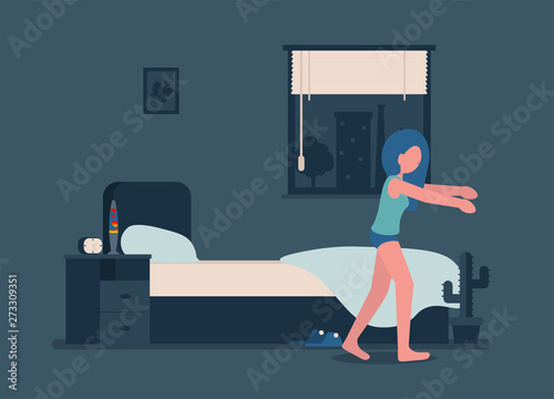 Young girl walks at night in a dream. Woman is sleepwalking. Flat vector illustration.
