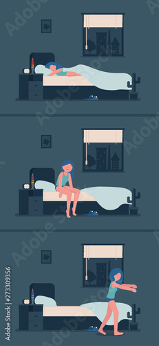 Young girl walks at night in a dream. Woman is sleepwalking. Flat vector illustration.