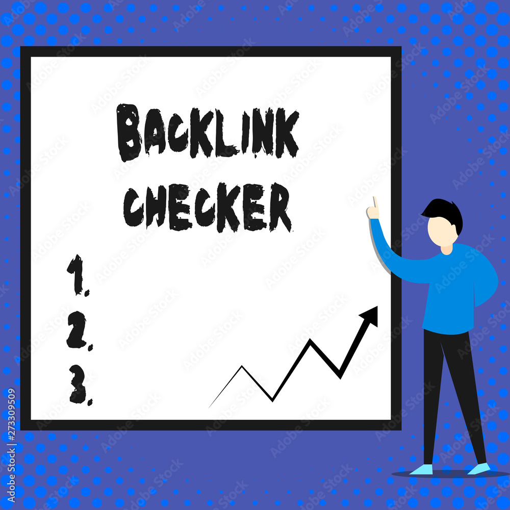 Writing note showing Backlink Checker. Business photo showcasing Find your competitors most valuable ones and spot patterns Man standing pointing up blank rectangle Geometric background.