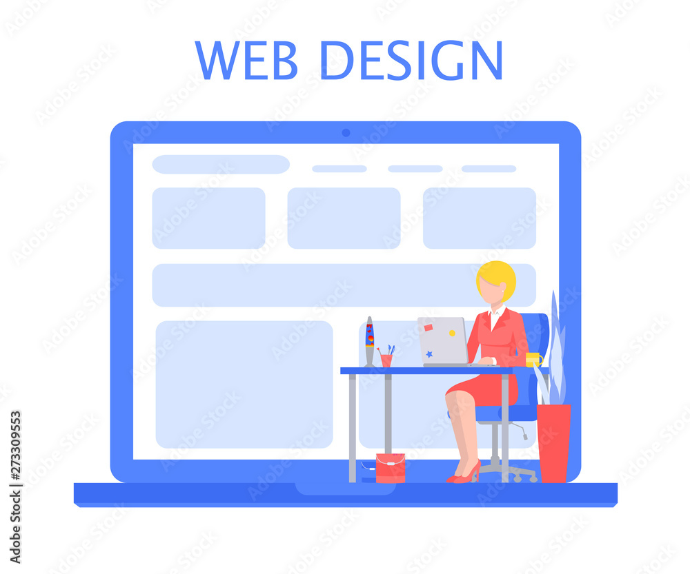 Designer woman with laptop at desk and computer. Web design. Flat vector illustration. Designer woman with laptop at desk and computer. Web design. Flat vector illustration.