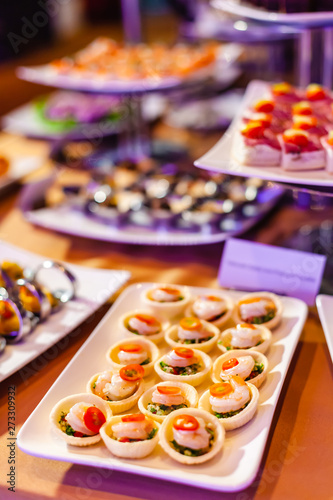 Yummy of Taboulet Salad and Prawn in Tarlets Cocktail Canapes in Wedding Ceremony.