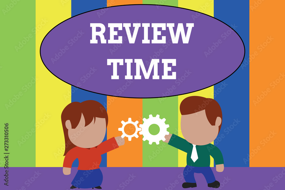 Text sign showing Review Time. Conceptual photo to think or talk about something again Set schedule to review Standing young couple sharing gear. Man tie woman skirt commerce relation. Text sign showing Review Time. Conceptual photo to think or talk about something again Set schedule to review Standing young couple sharing gear. Man tie woman skirt commerce relation.